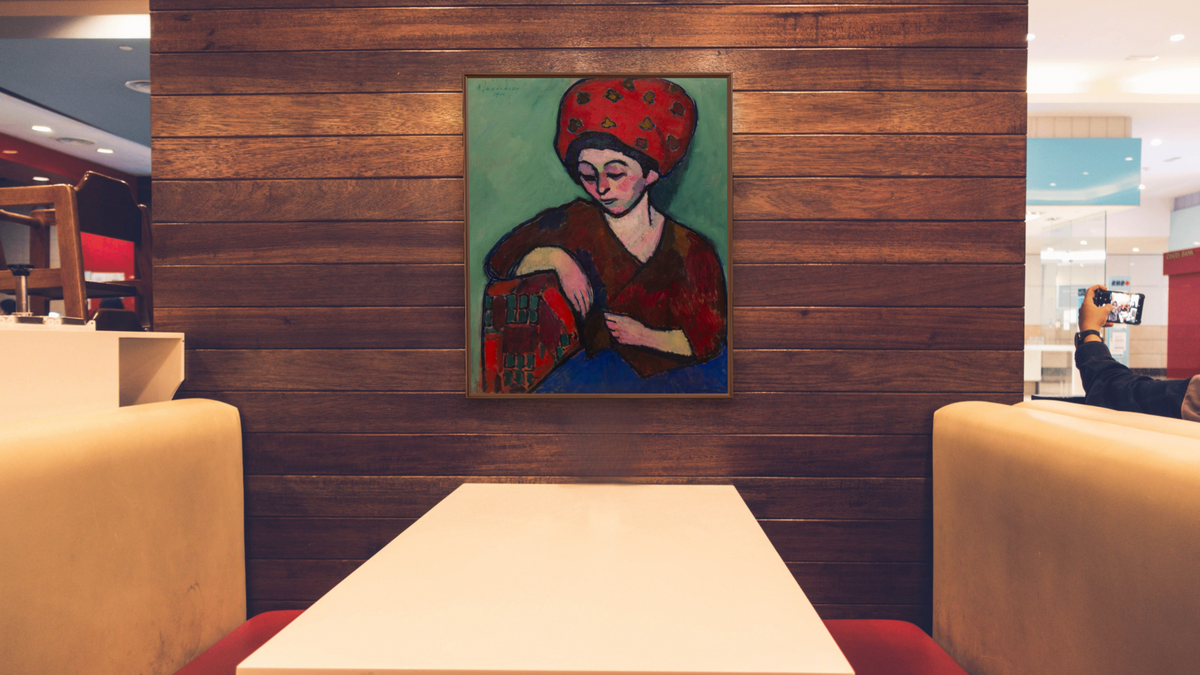 Helene with Colored Turban by Alexei Jawlensky, shown at 32 × 40 in (81.3 × 101.6 cm) on canvas in Arber Warm Walnut, restaurant