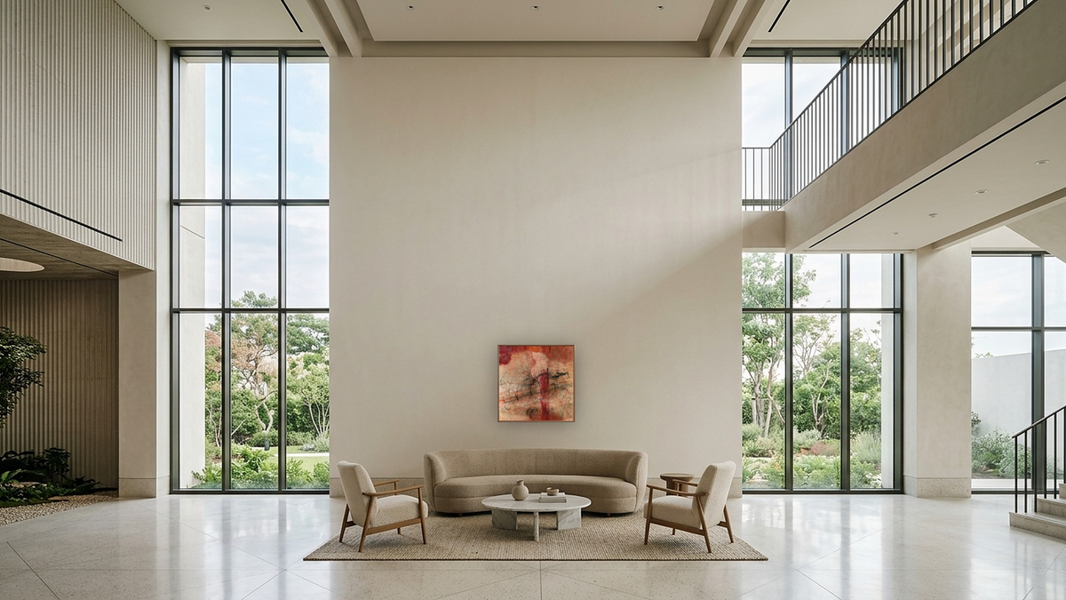 No. 437C by Michelle Oppenheimer, shown at 32 × 32 in (81.3 × 81.3 cm) on canvas in Arber Warm Walnut, hotel lobby