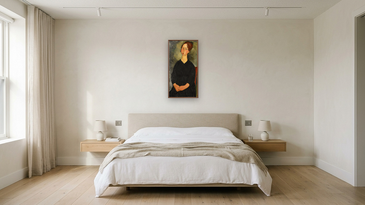 Little Servant Girl by Amedeo Modigliani, shown at 20 × 40 in (50.8 × 101.6 cm) on canvas in Arber Warm Walnut, hotel guest room
