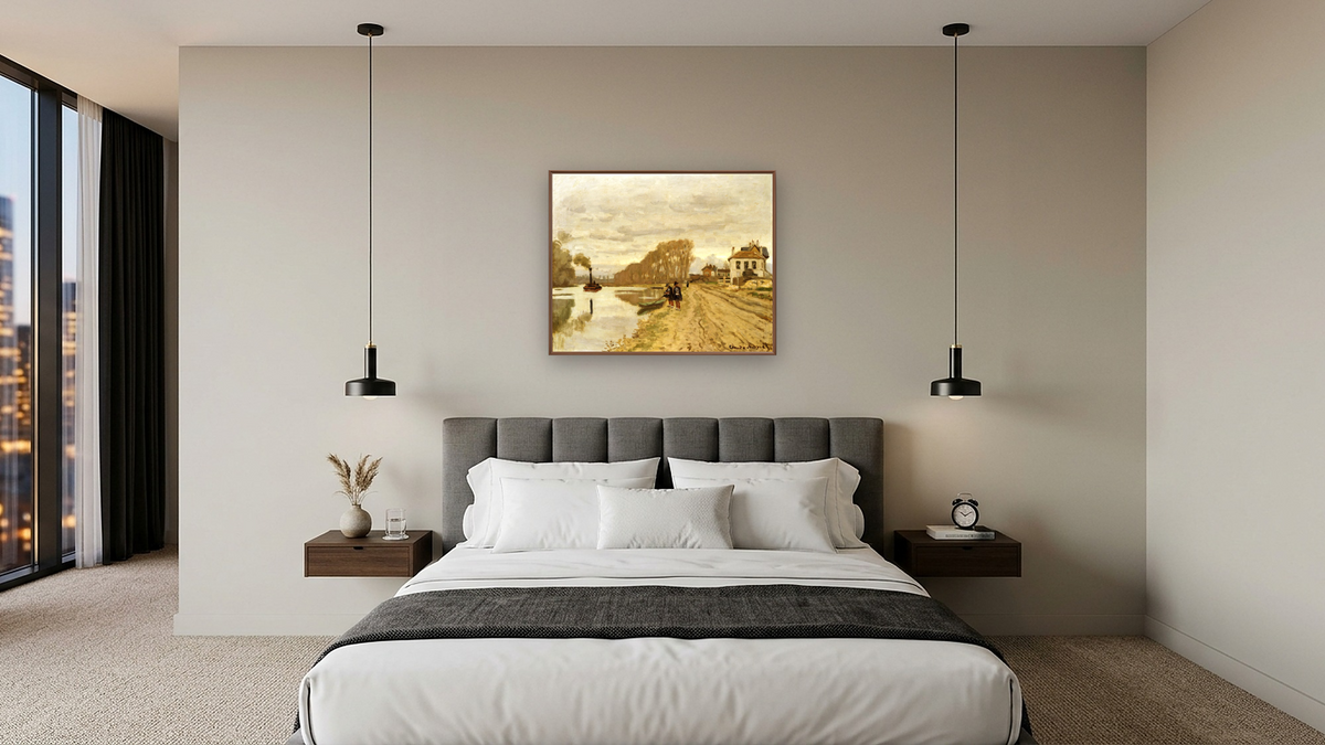 Infantrymen of The Flanant Guard On The Water by Claude Monet, shown at 32 × 40 in (81.3 × 101.6 cm) on canvas in Arber Warm Walnut, hotel guest room