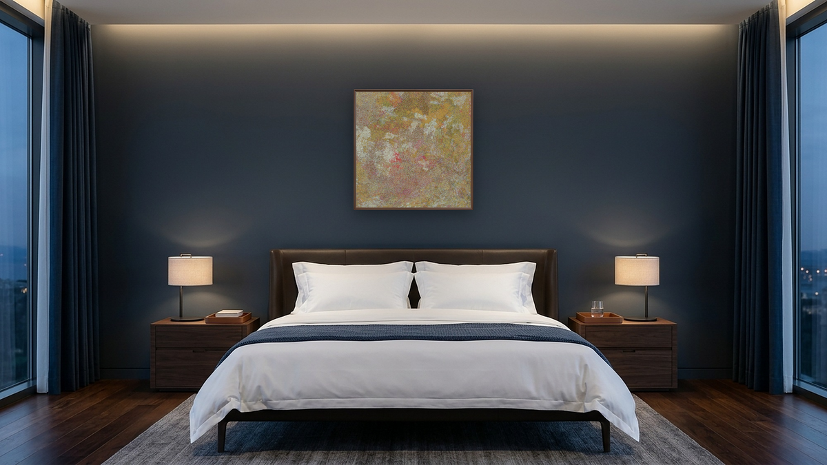 Bush Plum Country by Polly Ngale, shown at 32 × 32 in (81.3 × 81.3 cm) on canvas in Arber Warm Walnut, hotel guest room