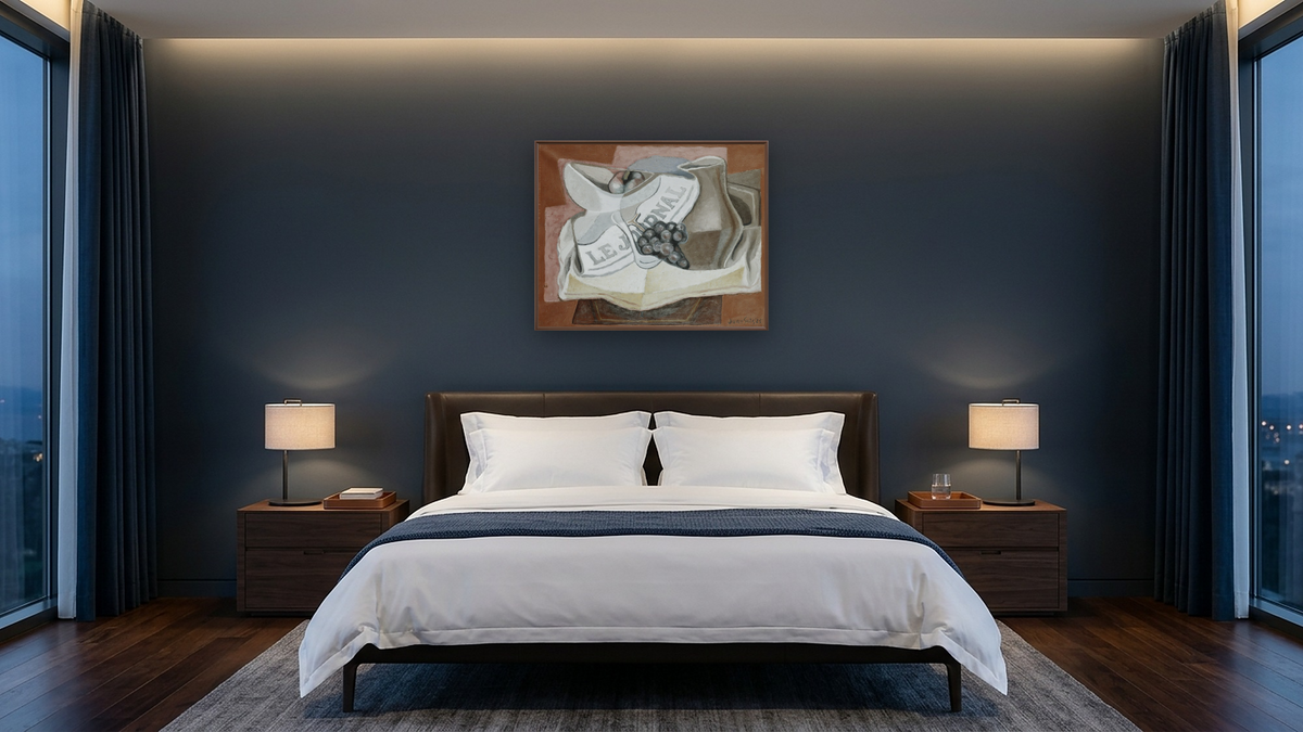 The Bunch of Grapes by Juan Gris, shown at 32 × 40 in (81.3 × 101.6 cm) on canvas in Arber Warm Walnut, hotel guest room