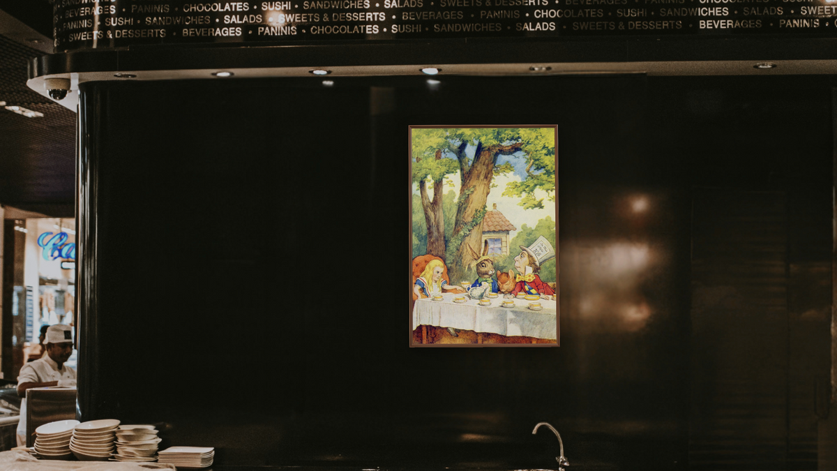 The Mad Hatter's Tea Party, illustration from 'Alice in Wonderland' by Lewis Carroll by John Tenniel, shown at 28 × 42 in (71.1 × 106.7 cm) on canvas in Arber Warm Walnut, restaurant