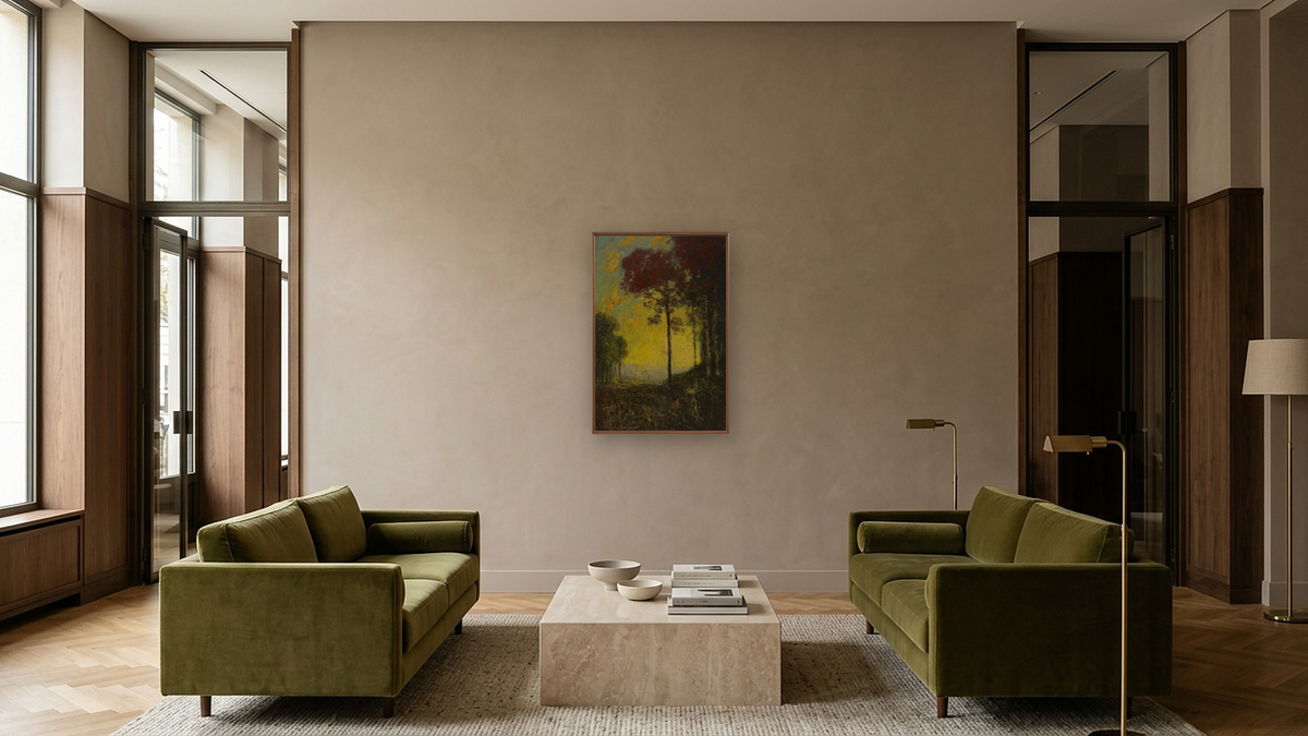 Autumn Sunset by Julian Onderdonk, shown at 28 × 42 in (71.1 × 106.7 cm) on canvas in Arber Warm Walnut, hotel lobby