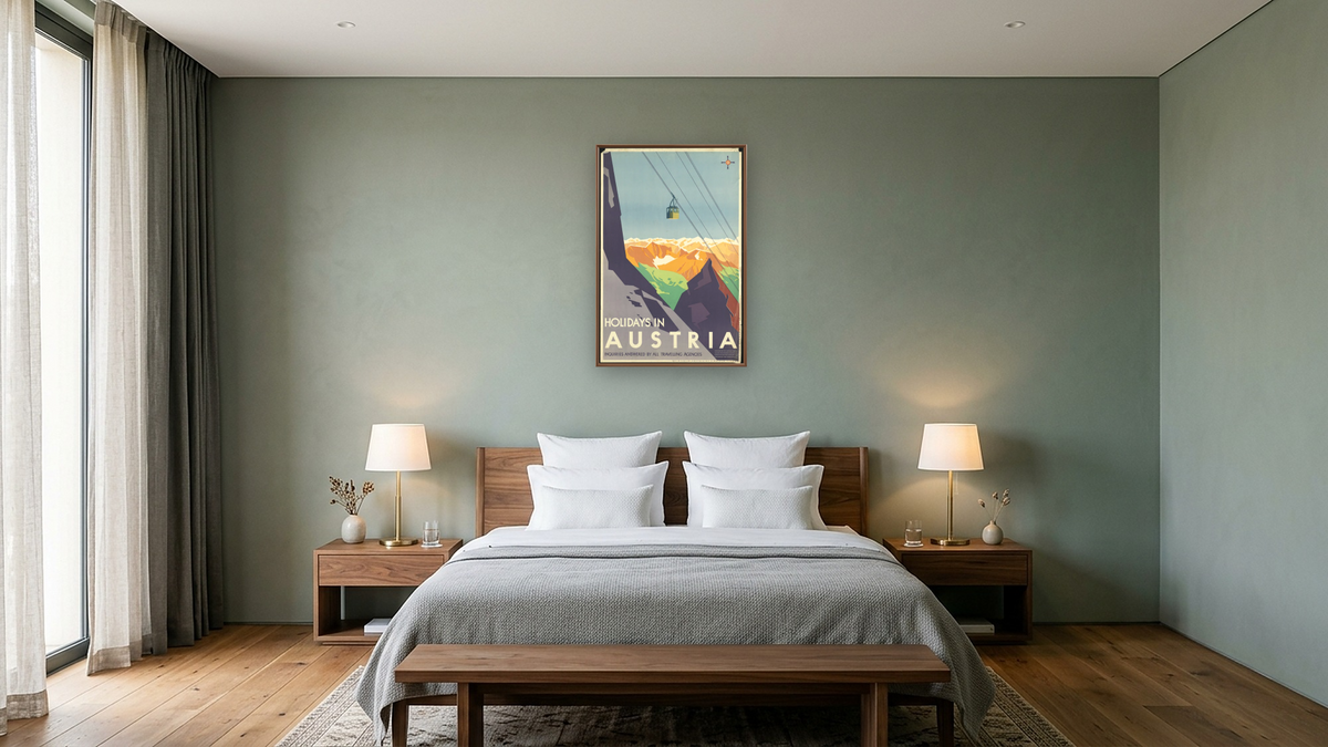 BPL Travel Posters, shown at 28 × 42 in (71.1 × 106.7 cm) on canvas in Arber Warm Walnut, hotel guest room