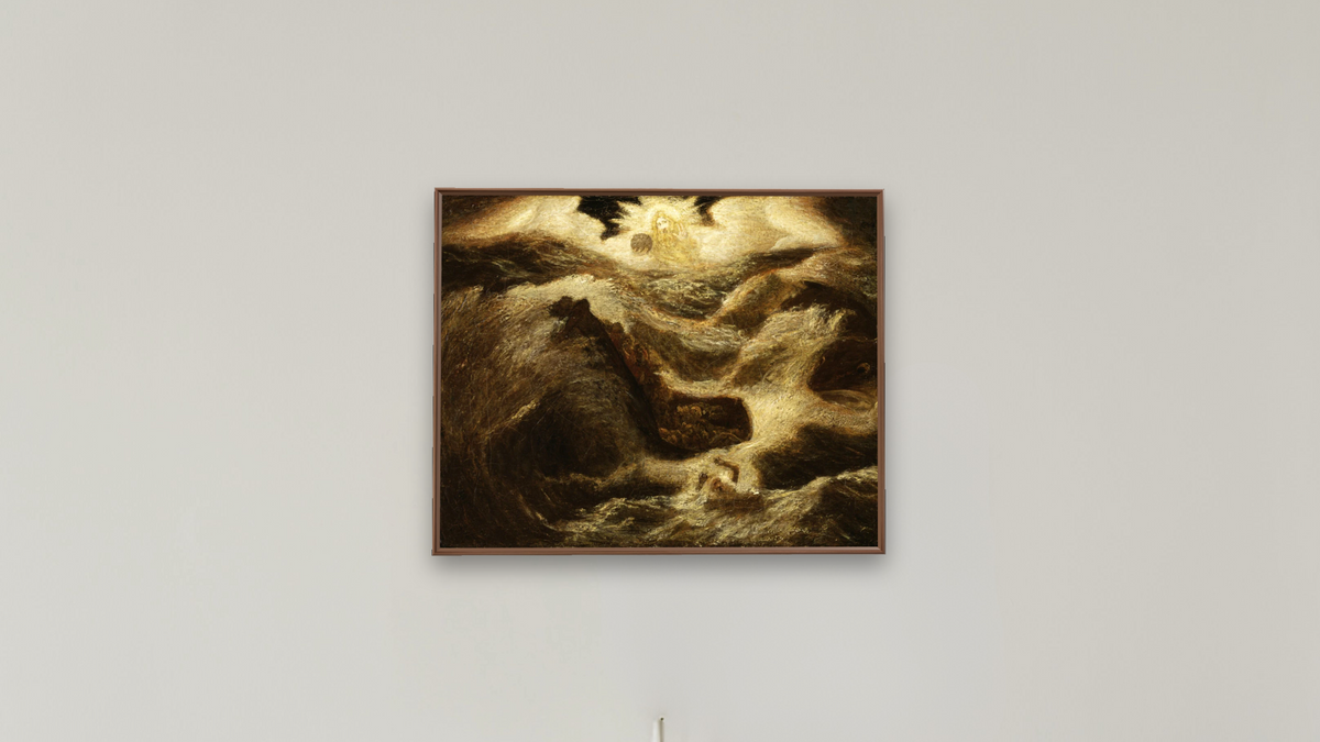 Jonah by Albert Pinkham Ryder, shown at 32 × 40 in (81.3 × 101.6 cm) on canvas in Arber Warm Walnut, boardroom