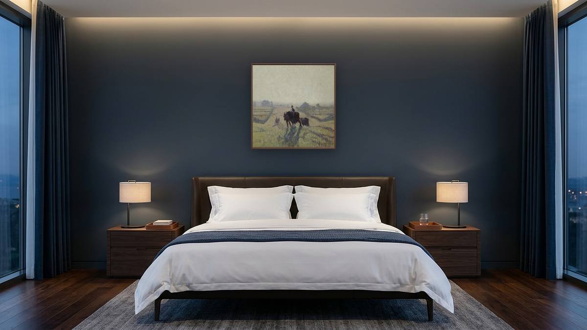 Frosty sunrise by Elioth Gruner, shown at 32 × 32 in (81.3 × 81.3 cm) on canvas in Arber Warm Walnut, hotel guest room