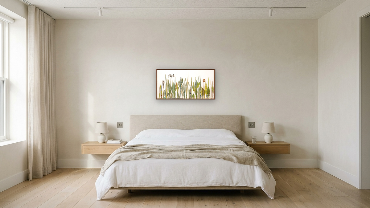 Inch by Inch IX by Leo Lionni, shown at 20 × 40 in (50.8 × 101.6 cm) on canvas in Arber Warm Walnut, hotel guest room