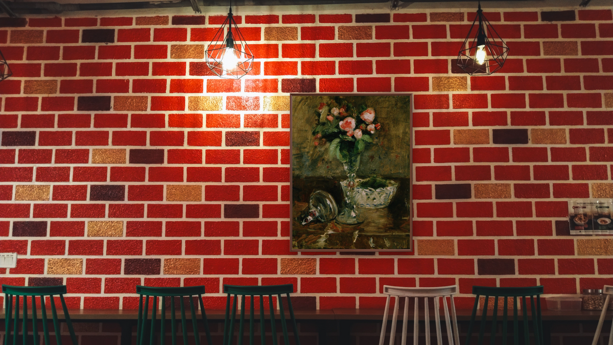 Roses by Berthe Morisot, shown at 32 × 40 in (81.3 × 101.6 cm) on canvas in Arber Warm Walnut, restaurant