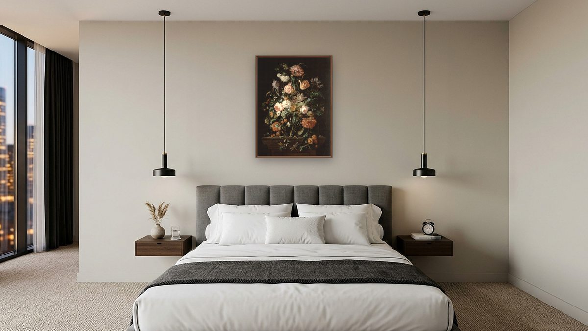 Still Life with Flowers in a Glass Bowl by Jan Davidsz de Heem, shown at 30 × 40 in (76.2 × 101.6 cm) on canvas in Arber Warm Walnut, hotel guest room