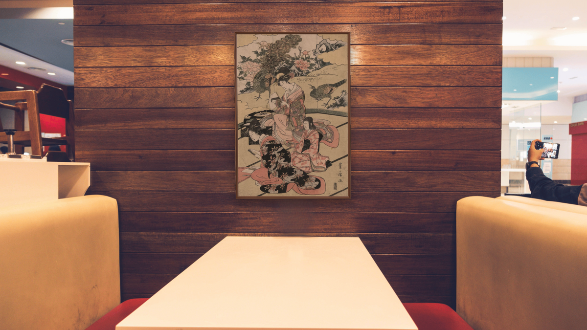A Daimyo's Mansion by Utagawa Toyokuni, shown at 28 × 42 in (71.1 × 106.7 cm) on canvas in Arber Warm Walnut, restaurant