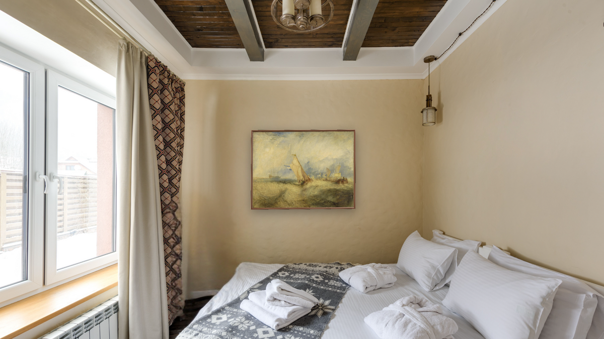 Van Tromp, going about to please his Masters, Ships a Sea, getting a Good Wetting by Joseph Mallord William Turner, shown at 30 × 40 in (76.2 × 101.6 cm) on canvas in Arber Warm Walnut, hotel guest room
