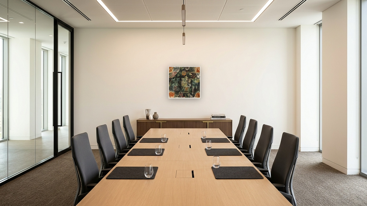 Stage Scenery by Paul Klee, shown at 32 × 32 in (81.3 × 81.3 cm) on canvas in Arber Warm Walnut, boardroom