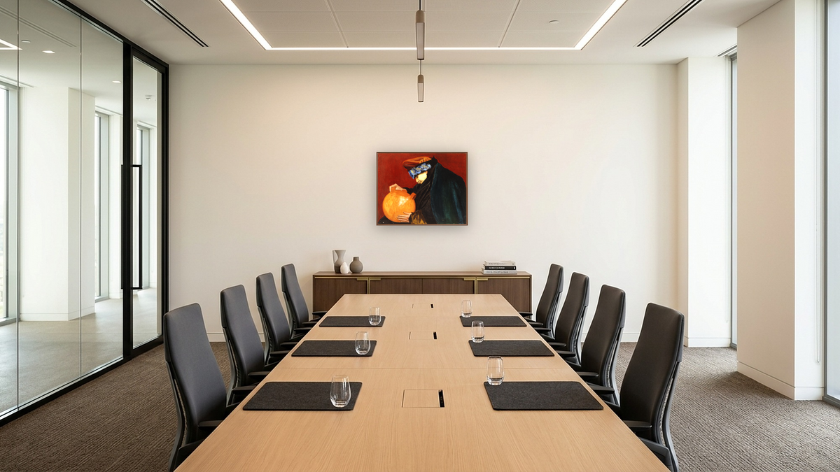 The Napping Woman by Joseph Stella, shown at 32 × 40 in (81.3 × 101.6 cm) on canvas in Arber Warm Walnut, boardroom