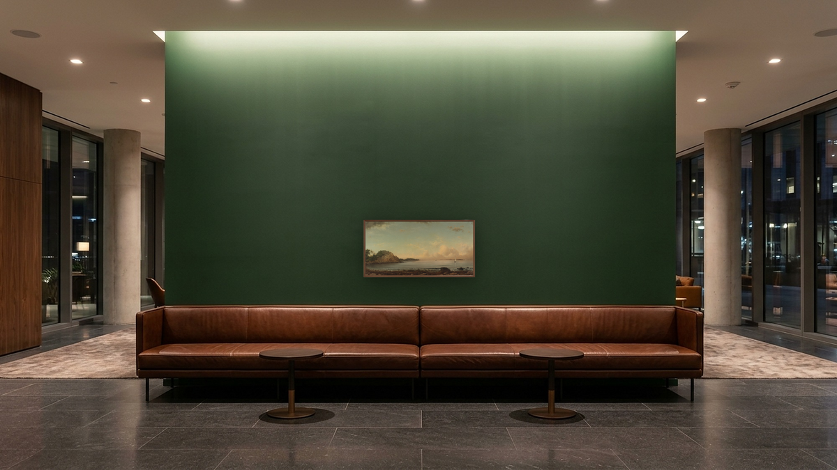 Singing Beach, Manchester by Martin Johnson Heade, shown at 20 × 40 in (50.8 × 101.6 cm) on canvas in Arber Warm Walnut, hotel lobby