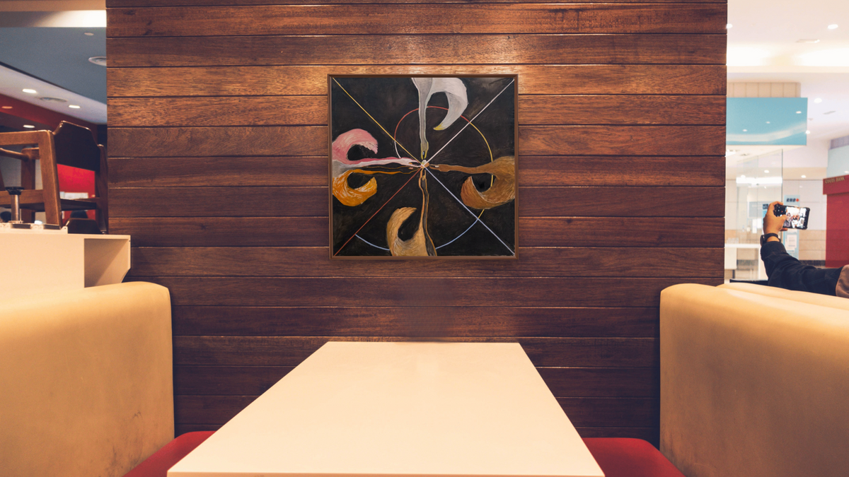 Group IX/SUW, No. 7, The Swan by Hilma af Klint, shown at 32 × 32 in (81.3 × 81.3 cm) on canvas in Arber Warm Walnut, restaurant