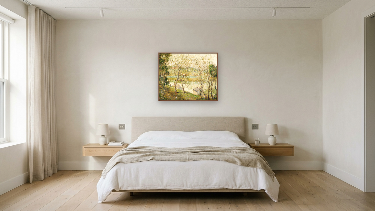 Springtime, Harlem River by Ernest Lawson, shown at 32 × 40 in (81.3 × 101.6 cm) on canvas in Arber Warm Walnut, hotel guest room