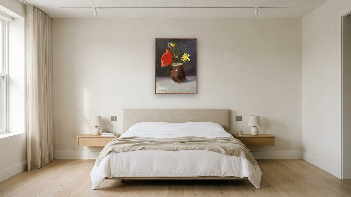 A Pitcher of Flowers by Odilon Redon, shown at 30 × 40 in (76.2 × 101.6 cm) on canvas in Arber Warm Walnut, hotel guest room