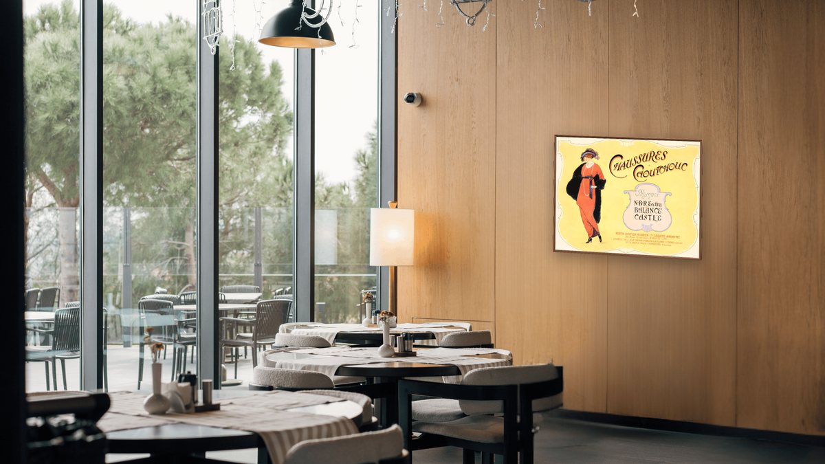 Chaussures Caoutchouc Advertisement, shown at 32 × 40 in (81.3 × 101.6 cm) on canvas in Arber Warm Walnut, restaurant