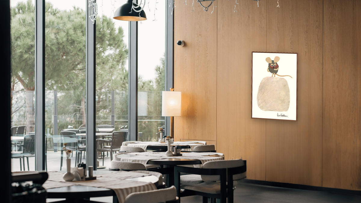 Frederick XVI by Leo Lionni, shown at 28 × 42 in (71.1 × 106.7 cm) on canvas in Arber Warm Walnut, restaurant