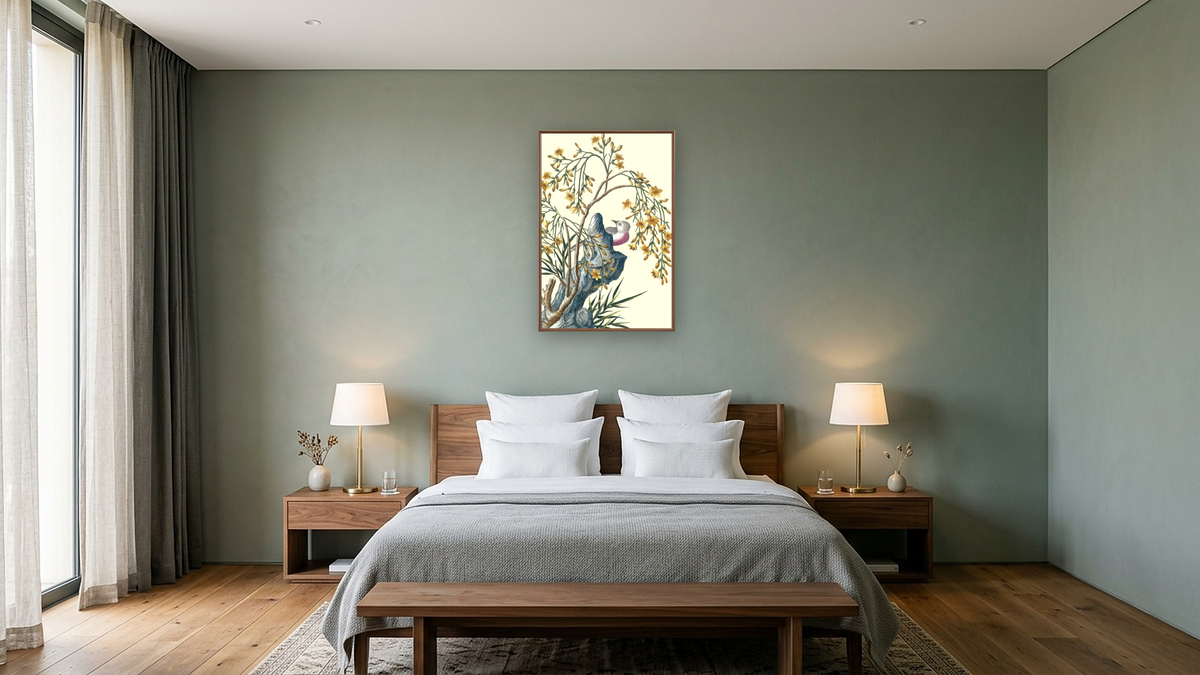 Yellow jasmine with bird and scholar's rock by Pierre Joseph Buchoz, shown at 28 × 42 in (71.1 × 106.7 cm) on canvas in Arber Warm Walnut, hotel guest room