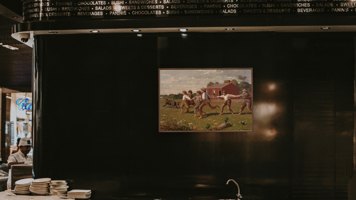 Snap the Whip by Winslow Homer, shown at 28 × 42 in (71.1 × 106.7 cm) on canvas in Arber Warm Walnut, restaurant