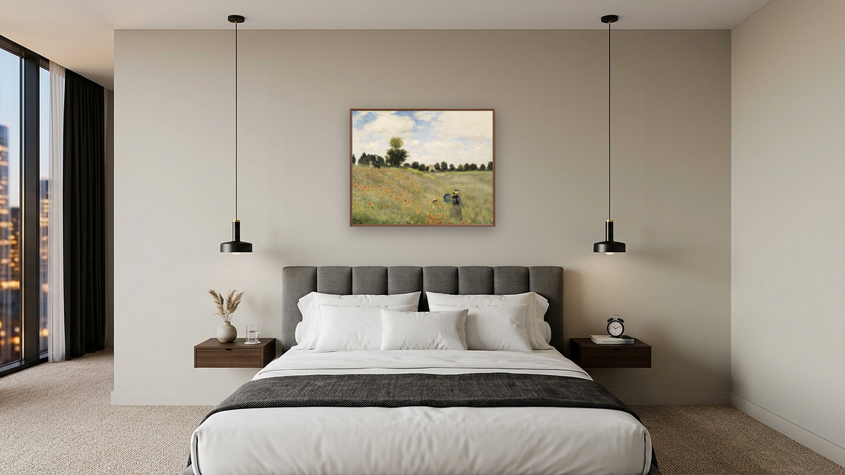 Coquelicots, environs d'Argenteuil by Claude Monet, shown at 32 × 40 in (81.3 × 101.6 cm) on canvas in Arber Warm Walnut, hotel guest room
