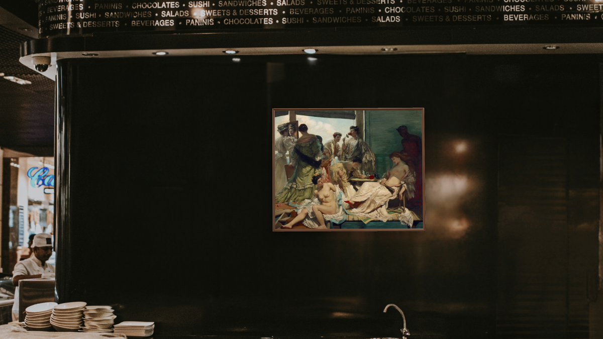 Summer time by Rupert Bunny, shown at 32 × 40 in (81.3 × 101.6 cm) on canvas in Arber Warm Walnut, restaurant