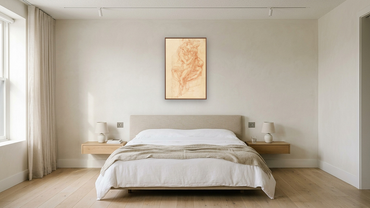 Study of Lazarus and two Attendant Figure by Michelangelo Buonarroti, shown at 28 × 42 in (71.1 × 106.7 cm) on canvas in Arber Warm Walnut, hotel guest room