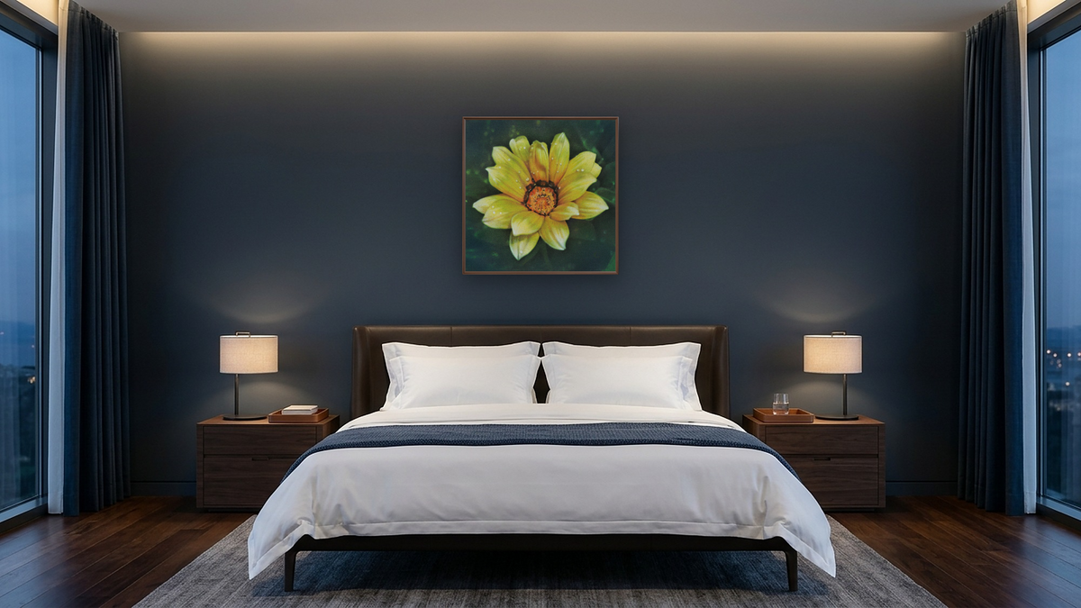 Single Dahlia by Kirsten Söderlind, shown at 32 × 32 in (81.3 × 81.3 cm) on canvas in Arber Warm Walnut, hotel guest room