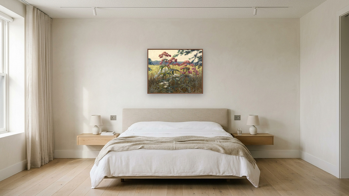 Joe Pye Weed & Boneset by Frank V. Dudley, shown at 32 × 40 in (81.3 × 101.6 cm) on canvas in Arber Warm Walnut, hotel guest room