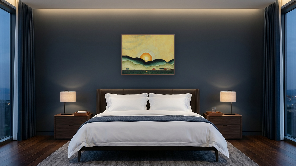 Sunrise, Northport Harbor by Arthur Garfield Dove, shown at 30 × 40 in (76.2 × 101.6 cm) on canvas in Arber Warm Walnut, hotel guest room