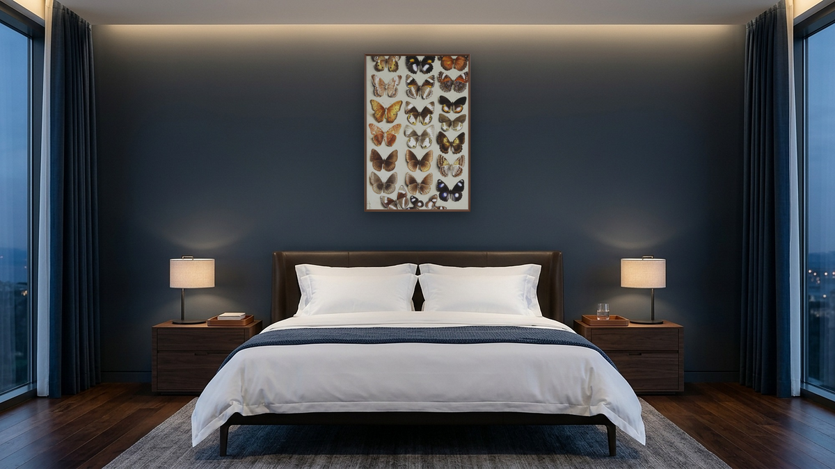 Twenty-two butterflies in three columns, all belonging to the family Nymphalidae by Marian Ellis Rowan, shown at 28 × 42 in (71.1 × 106.7 cm) on canvas in Arber Warm Walnut, hotel guest room