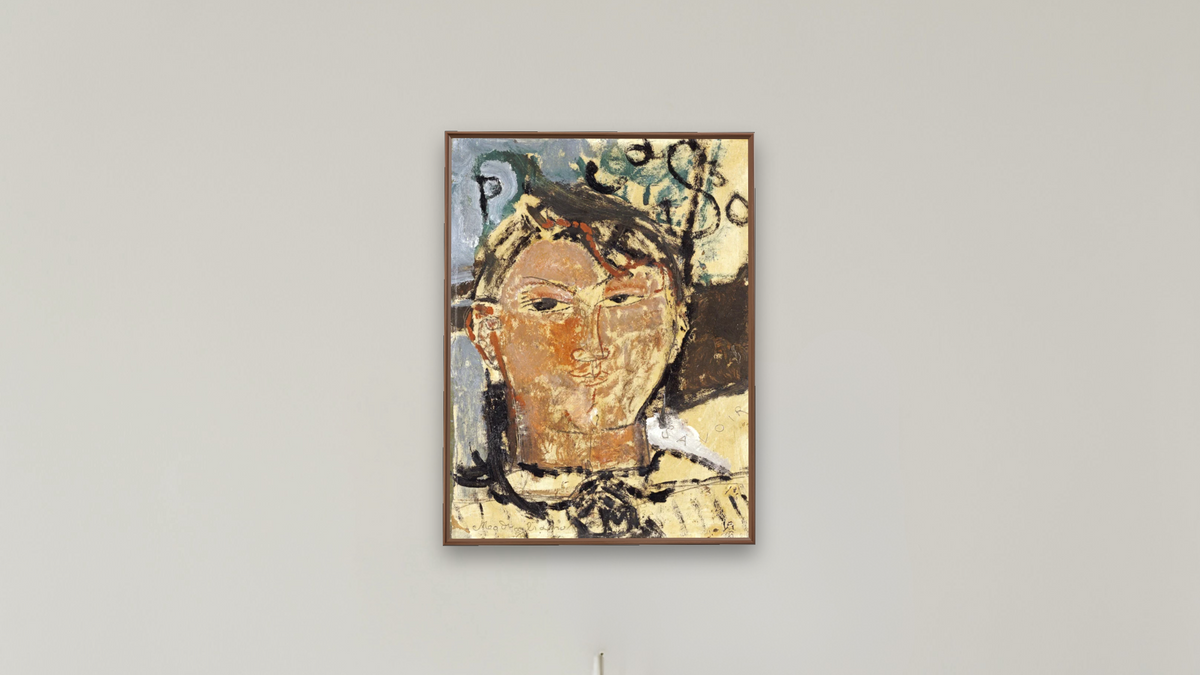 Portrait De Picasso by Amedeo Modigliani, shown at 30 × 40 in (76.2 × 101.6 cm) on canvas in Arber Warm Walnut, boardroom