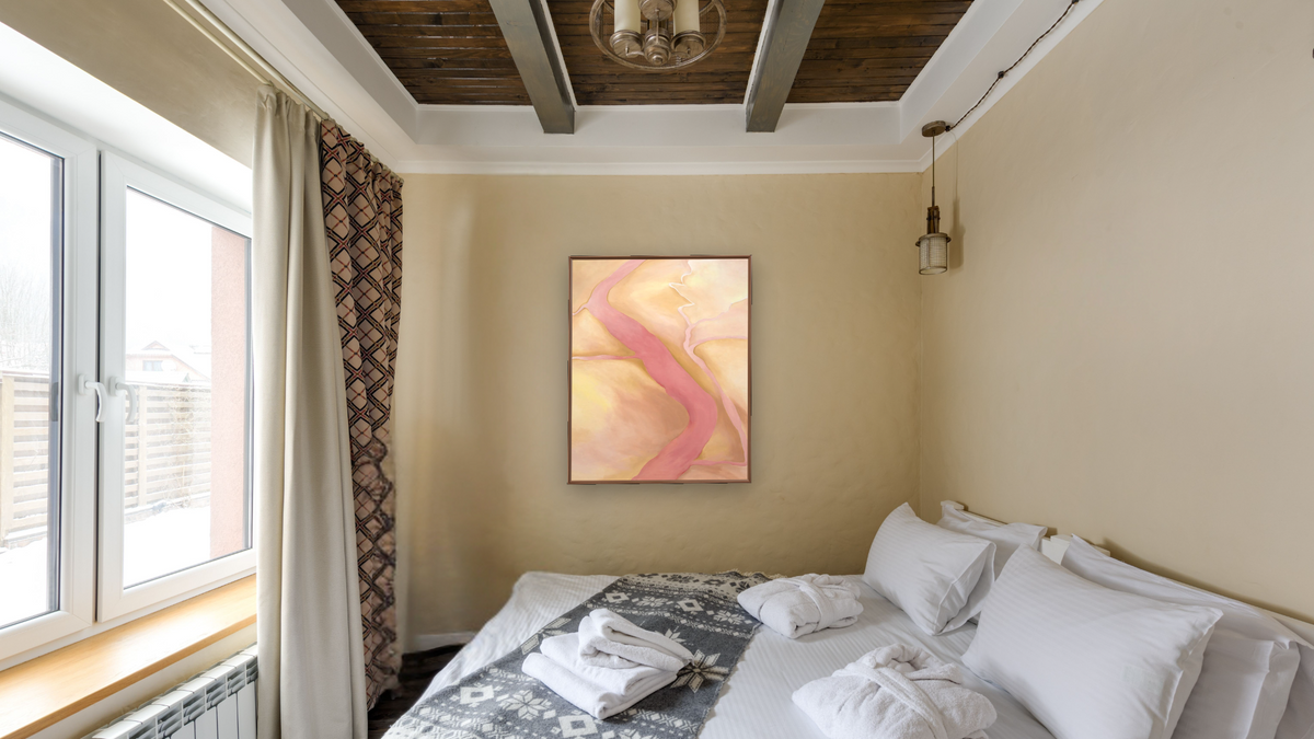 It Was Yellow and Pink II by Georgia O'Keeffe, shown at 32 × 40 in (81.3 × 101.6 cm) on canvas in Arber Warm Walnut, hotel guest room