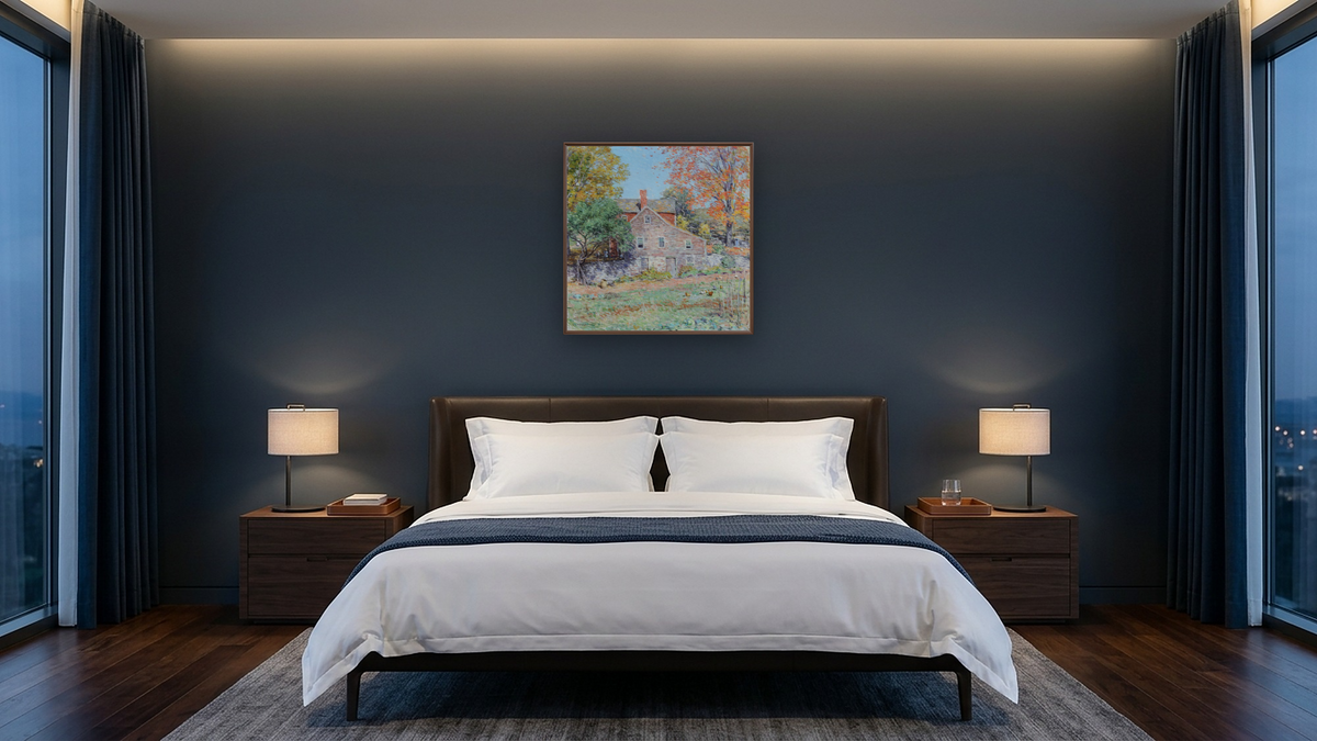 Corner of the Garden by Willard LeRoy Metcalf, shown at 32 × 32 in (81.3 × 81.3 cm) on canvas in Arber Warm Walnut, hotel guest room