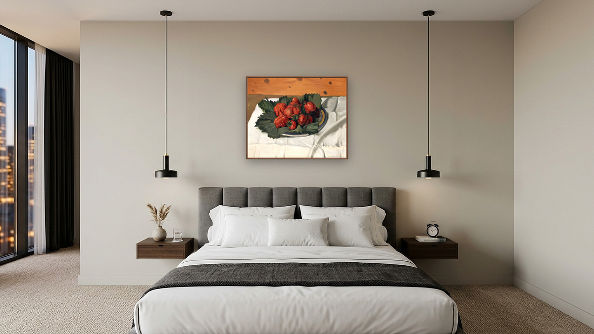 Still Life with Strawberries by Félix Vallotton, shown at 32 × 40 in (81.3 × 101.6 cm) on canvas in Arber Warm Walnut, hotel guest room