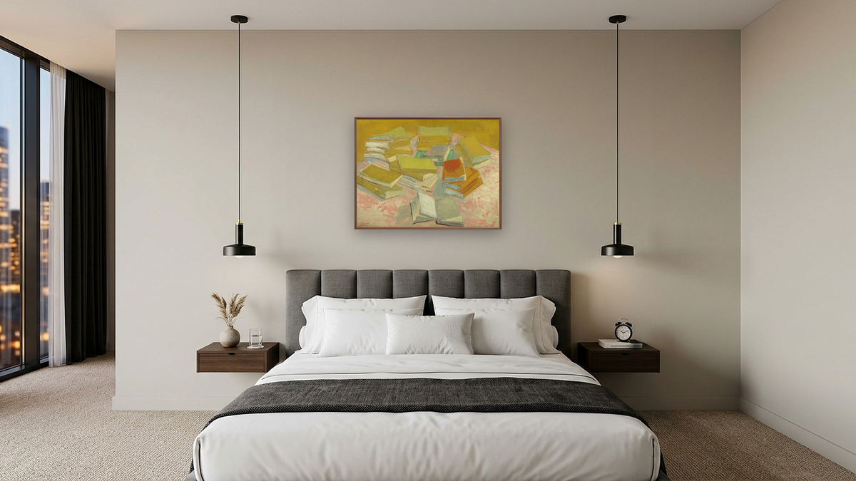 Piles of French Novels by Vincent van Gogh, shown at 30 × 40 in (76.2 × 101.6 cm) on canvas in Arber Warm Walnut, hotel guest room