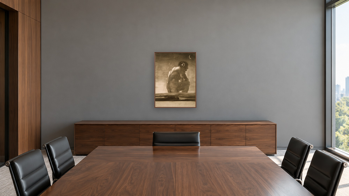 Seated Giant by Francisco de Goya, shown at 30 × 40 in (76.2 × 101.6 cm) on canvas in Arber Warm Walnut, boardroom