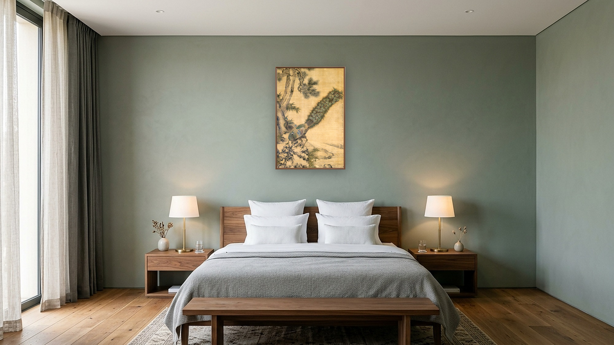 Bamboo, Pine and Peacocks by Shen Nanpin, shown at 28 × 42 in (71.1 × 106.7 cm) on canvas in Arber Warm Walnut, hotel guest room