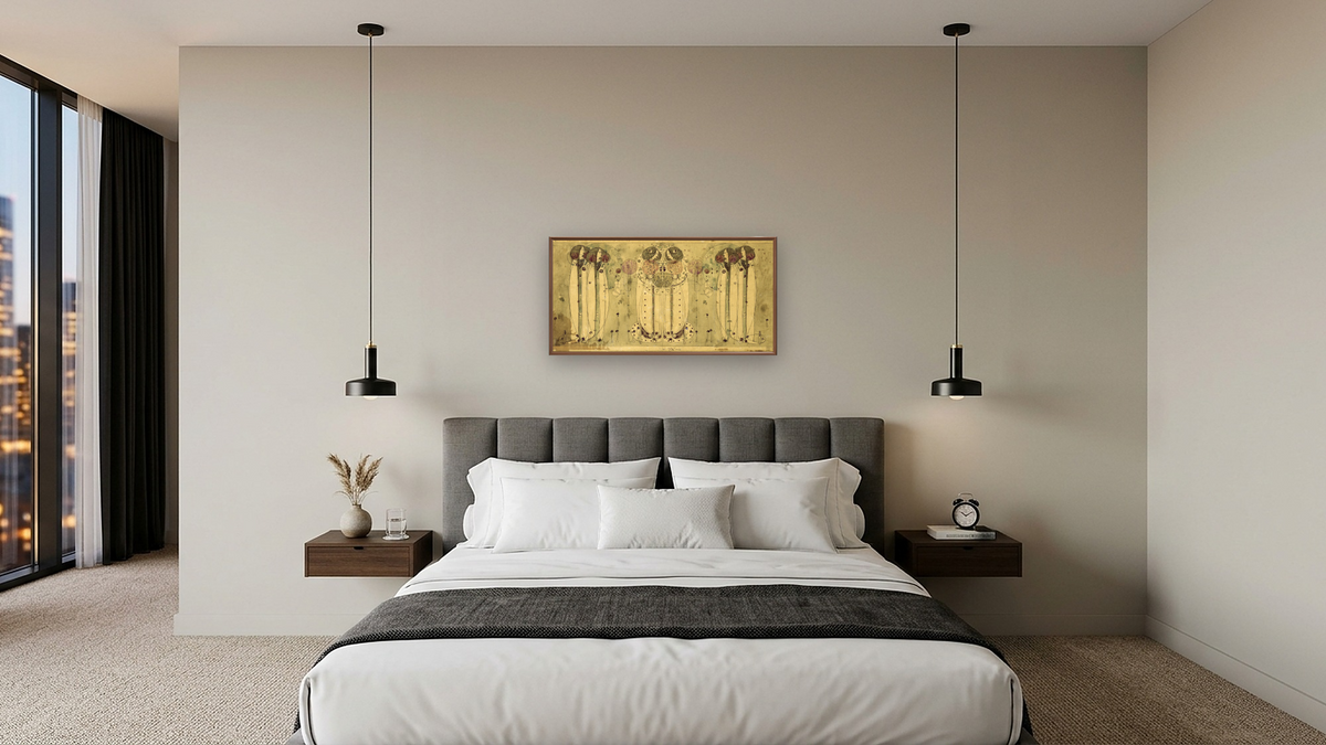 The Wassail by Charles Rennie Mackintosh, shown at 20 × 40 in (50.8 × 101.6 cm) on canvas in Arber Warm Walnut, hotel guest room