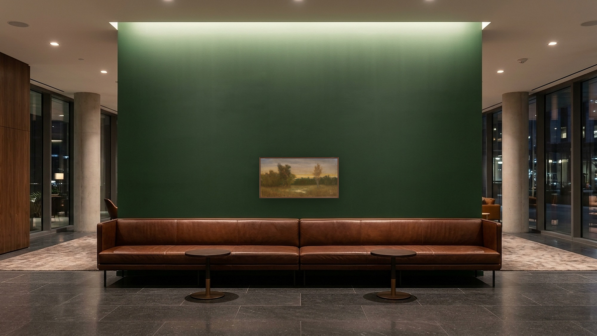 Breaking by Donald Darst, shown at 20 × 40 in (50.8 × 101.6 cm) on canvas in Arber Warm Walnut, hotel lobby