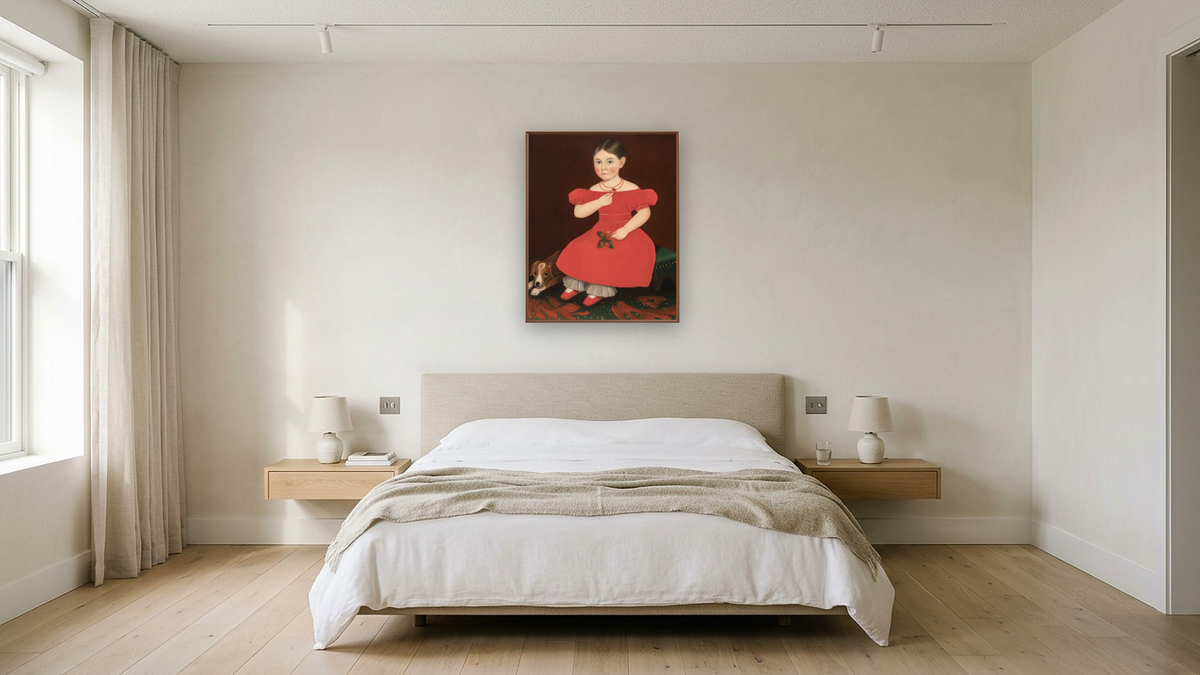 Girl in a Red Dress by Ammi Phillips, shown at 32 × 40 in (81.3 × 101.6 cm) on canvas in Arber Warm Walnut, hotel guest room