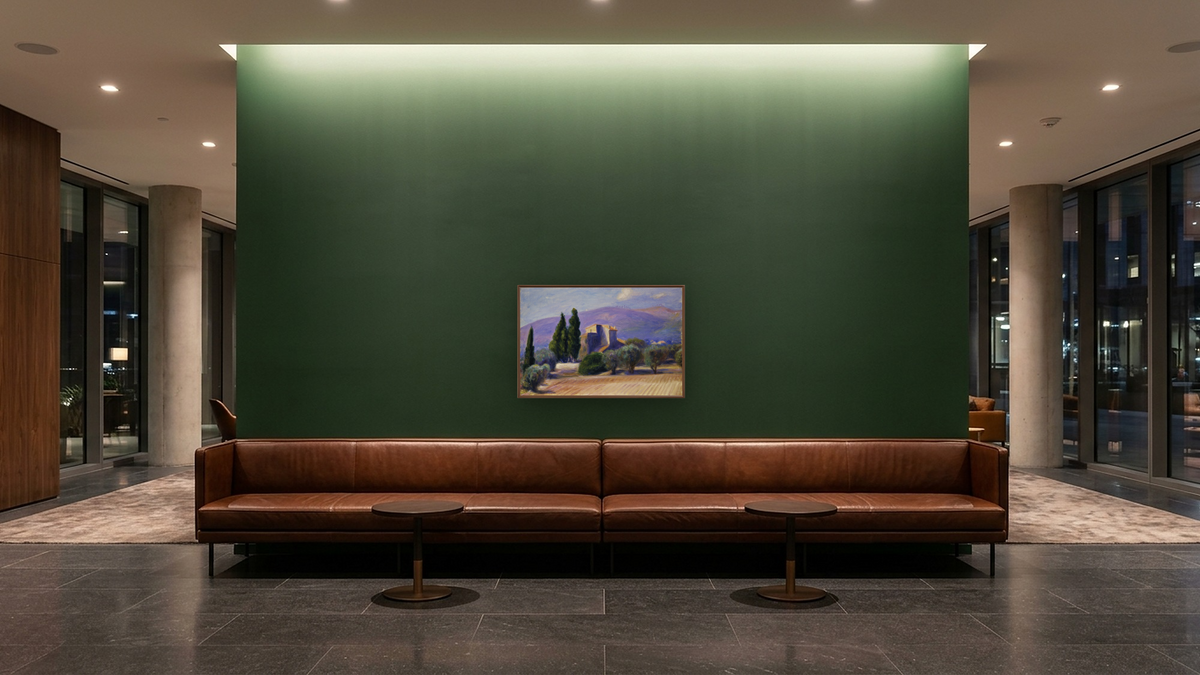 Farm House in Provence by William James Glackens, shown at 28 × 42 in (71.1 × 106.7 cm) on canvas in Arber Warm Walnut, hotel lobby