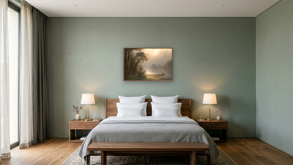 Evening in the Tropics by Frederic Edwin Church, shown at 28 × 42 in (71.1 × 106.7 cm) on canvas in Arber Warm Walnut, hotel guest room