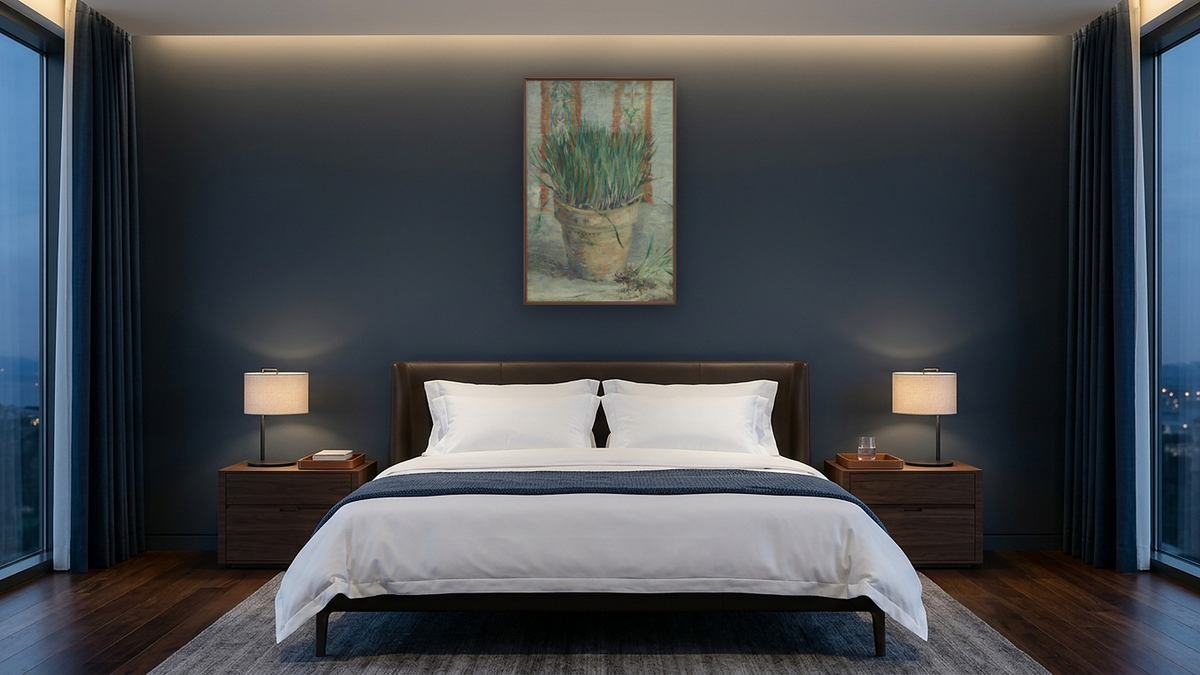 Flowerpot with Garlic Chives by Vincent van Gogh, shown at 28 × 42 in (71.1 × 106.7 cm) on canvas in Arber Warm Walnut, hotel guest room