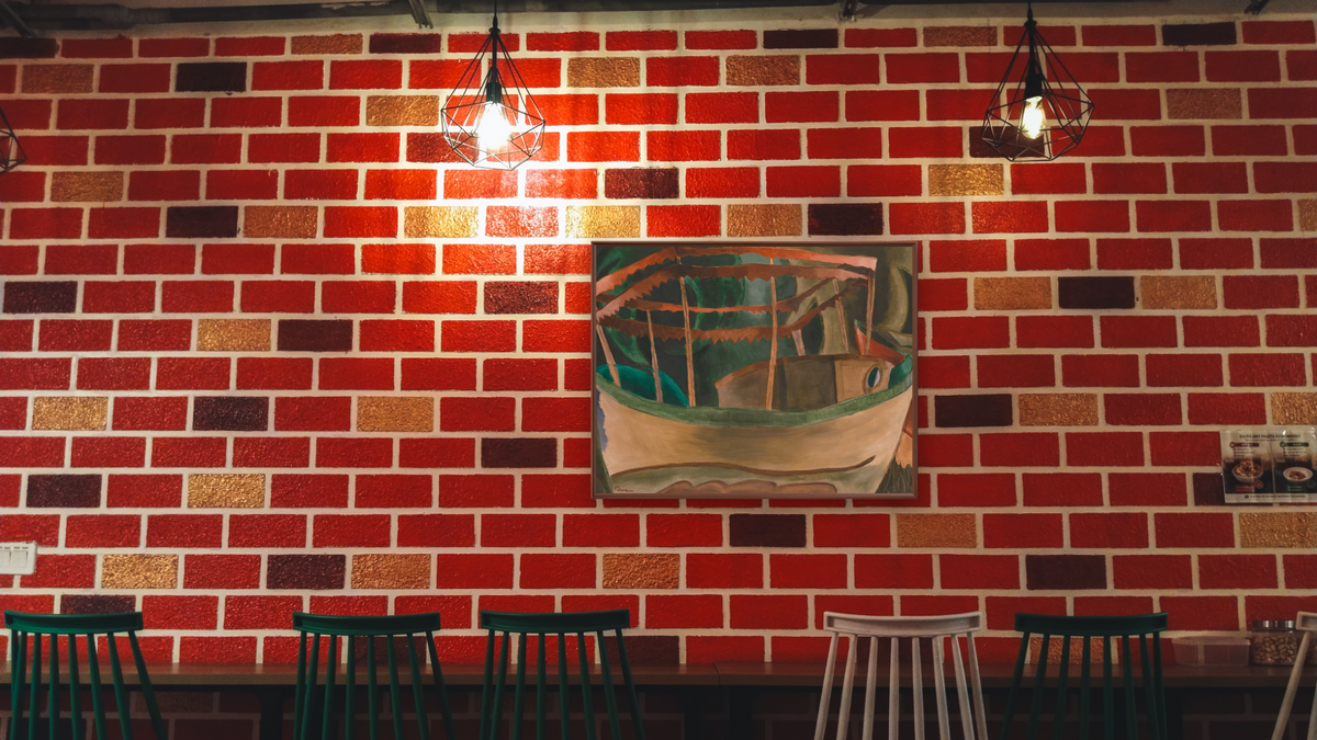 Fishboat by Arthur Dove, shown at 30 × 40 in (76.2 × 101.6 cm) on canvas in Arber Warm Walnut, restaurant