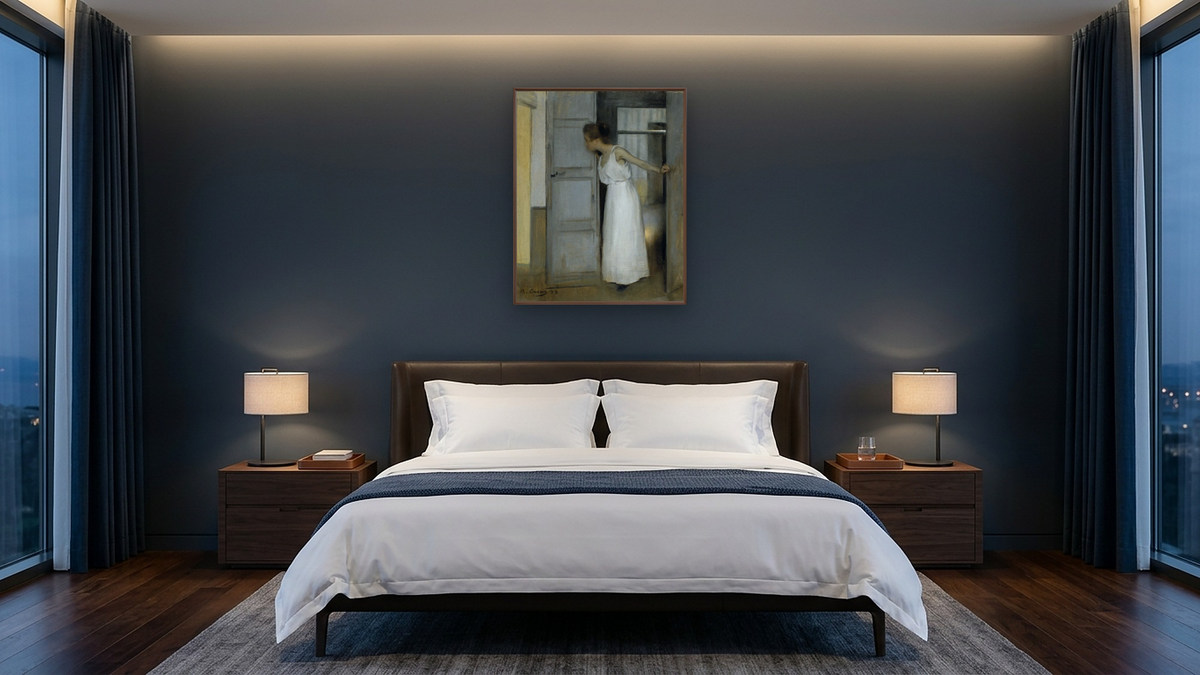Primero pasaras sobre mi cadaver by Ramón Casas, shown at 32 × 40 in (81.3 × 101.6 cm) on canvas in Arber Warm Walnut, hotel guest room