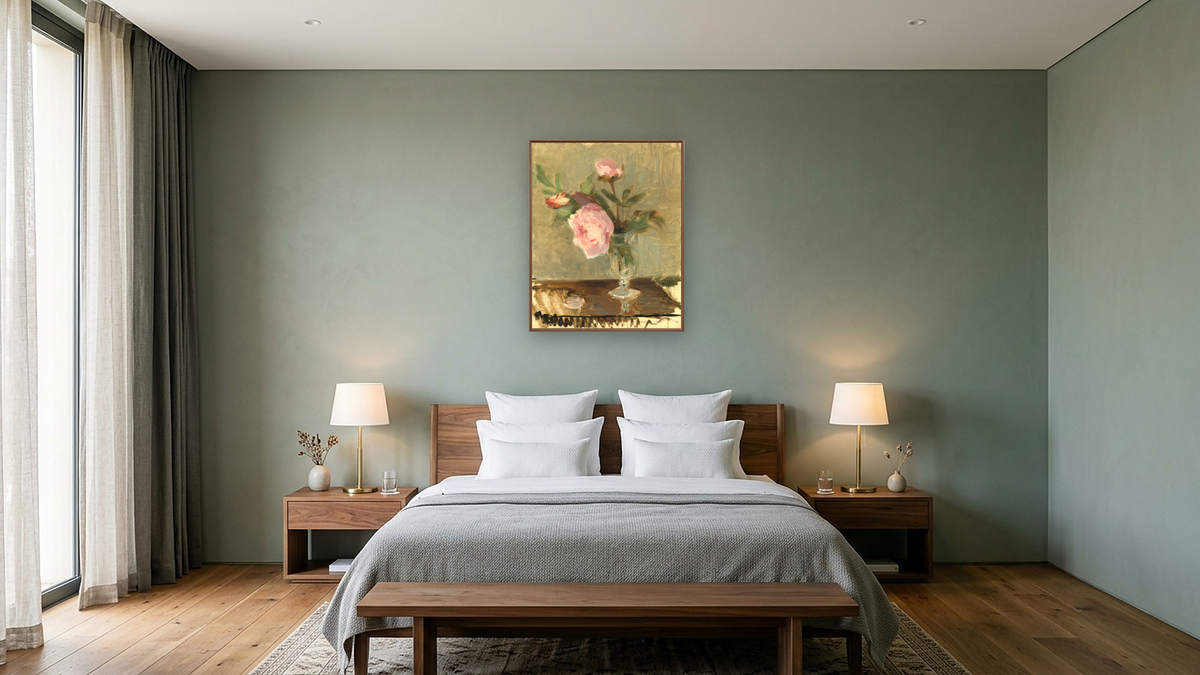 Peonies by Berthe Morisot, shown at 32 × 40 in (81.3 × 101.6 cm) on canvas in Arber Warm Walnut, hotel guest room