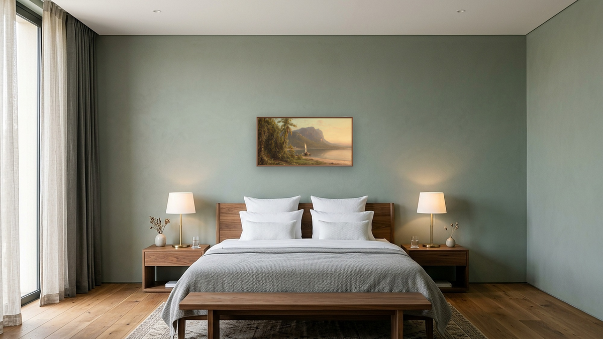 Jamaica by Frederic Edwin Church, shown at 20 × 40 in (50.8 × 101.6 cm) on canvas in Arber Warm Walnut, hotel guest room